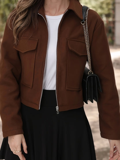 Women'S Solid Color Long Sleeve Zip-Up Jacket - Black, Casual Fall/Winter Outerwear with Pockets, Button-Up Front, and Flap Pockets, Casual Outerwear | Buttonup Jacket | Zippered Jacket, Winter Coat Women, Coat Women Winter,