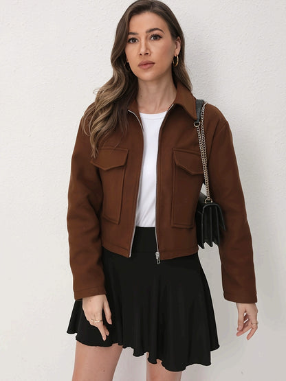 Women's Solid Full-Zip Winter Jacket with Structured Collar