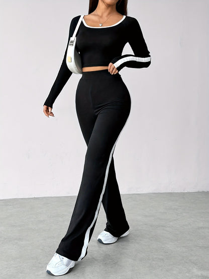 Round-neck Long-sleeve Top/elastic Waistband Trousers Set