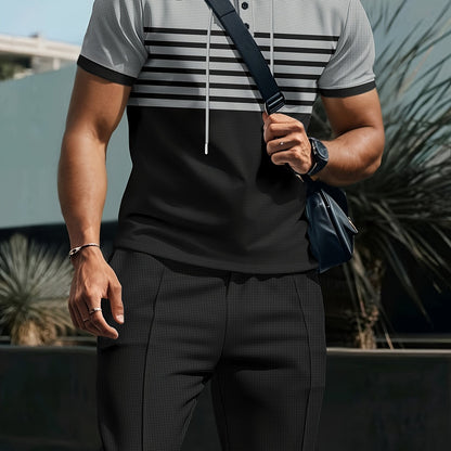 Men'S Summer Casual Sportswear Set, Striped Patchwork Short Sleeve, Polyester Material, Suitable for Leisure and Sports Outings, Fashionable and Trendy, with Drawstring Belt and Pockets, Ideal for Summer Activities, Hooded Sh