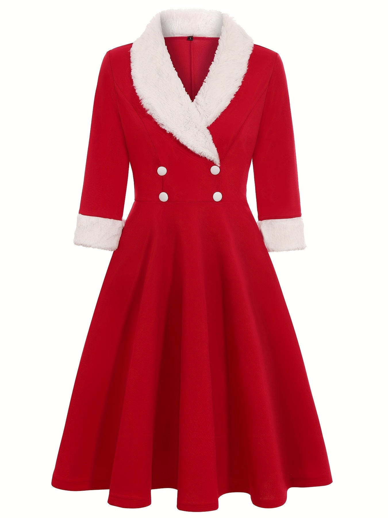 Women's Elegant Red & White Trim A-Line Dress - Sleeve Round Neck Flared Skirt, Machine Washable Autumn Casual & Holiday Party Wear, Nontransparent Fabric