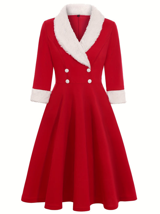 Women's Elegant Red & White Trim A-Line Dress - Sleeve Round Neck Flared Skirt, Machine Washable Autumn Casual & Holiday Party Wear, Nontransparent Fabric