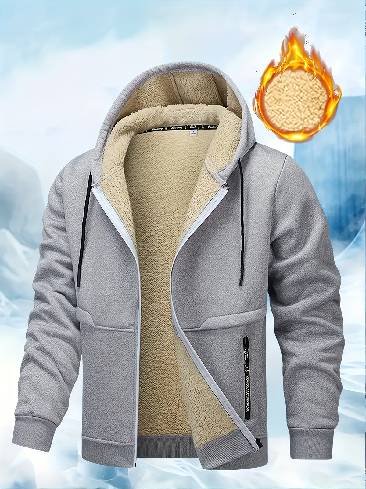Men's Casual Warm Fleece Hooded Jacket with Zipper
