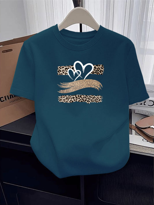 Women's Cotton Short Sleeve T-Shirt with Heart Leopard Print - ayq