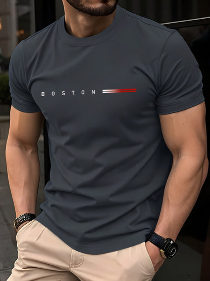Men's Heavyweight 180gsm Cotton T-Shirt - Dark Gray Crew Neck Tee with Bold "Boston" Print, All-Season Everyday  Formal Shirt for Men - Machine Washable Luxury Casual Top, Versatile Clothing, Modern Design, Premium Fabric, S