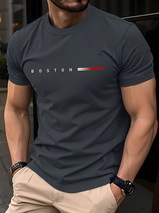 Men's Heavyweight 180gsm Cotton T-Shirt - Dark Gray Crew Neck Tee with Bold "Boston" Print, All-Season Everyday  Formal Shirt for Men - Machine Washable Luxury Casual Top, Versatile Clothing, Modern Design, Premium Fabric, S