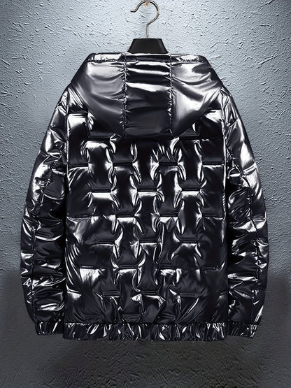 Men'S Winter Coat - Glossy Black Cold Weather Jacket, Non-Stretch Outer Shell, Zippered Pockets & Hooded Design for Formal & Everyday Use - Insulated Outerwear for Everyday & Special Occasions, Winter Jacket, Sleek Appearance