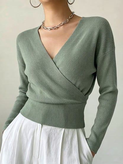 Women's Elegant Cross-Collar V-Neck Pullover Knitwear for Fall/Winter