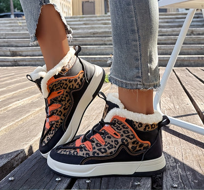 Women'S Stylish Leopard Print Winter Sneakers - Warm Fleece-Lined Casual Shoes with Thick Cushioned PVC Sole, Black & Orange Design, Perfect for Fall/Winter, Winter Sneakers | Leopard Print Shoes | Durable PVC Sole
