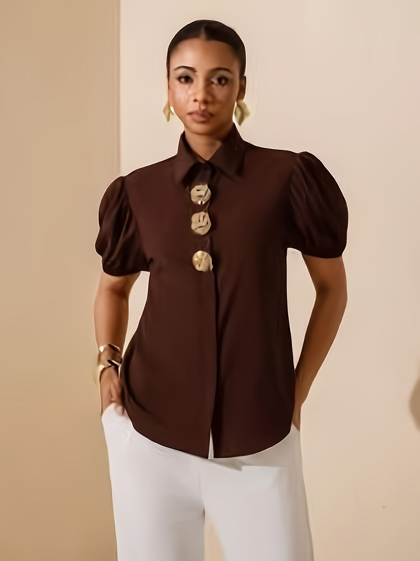 Women's Elegant Solid Color Puff Sleeve Shirt with Metal Buttons