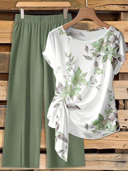 Women's Floral Bow-Tie Blouse & Loose Straight Pants Set
