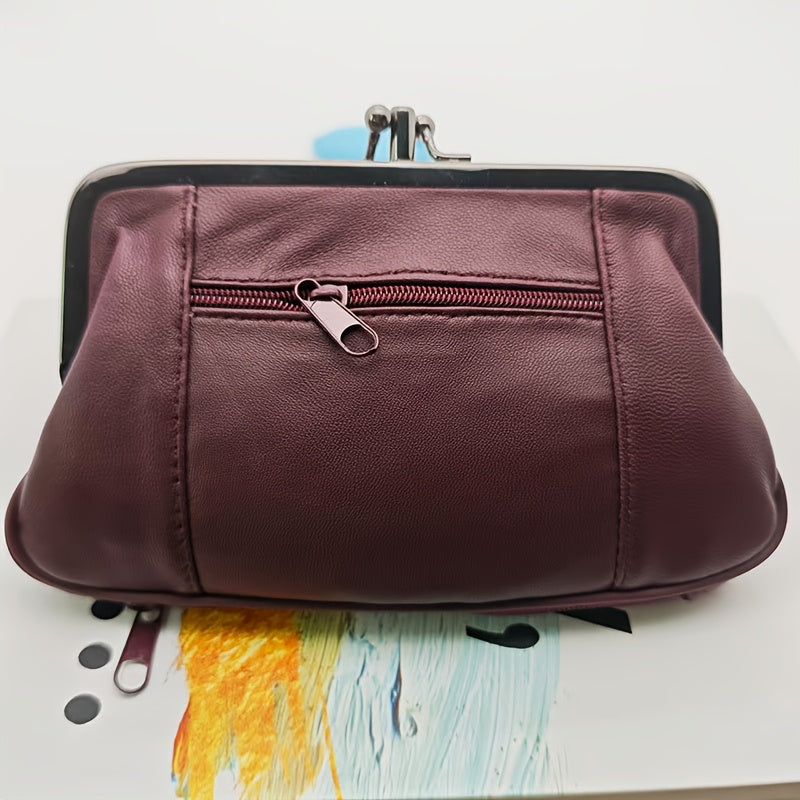 Vintage-Style Genuine Leather Clutch with Golden Metal Frame – Black Mini Wallet for Women, Compact Coin Purse & Key Holder, Elegant Textured Design