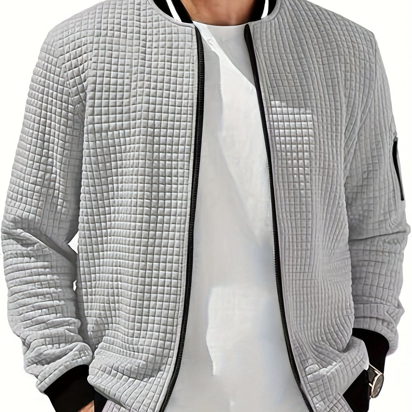 Men's Casual Bomber Jacket with Stand Collar - Polyester and Elastane Blend, Knit Fabric with Slight Stretch, Solid Color, Zipper Detail, Long Sleeve, Regular Fit