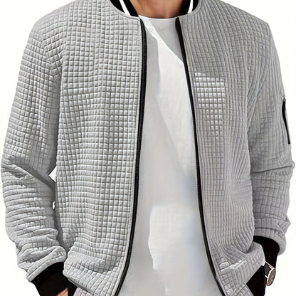 Men's Casual Bomber Jacket with Stand Collar - Polyester and Elastane Blend, Knit Fabric with Slight Stretch, Solid Color, Zipper Detail, Long Sleeve, Regular Fit