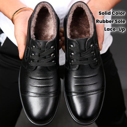 Men'S Genuine Leather Winter Warm Business Casual Shoes - Rubber Sole, Lace-Up Low-Top Design with Fabric Lining for All-Day Comfort, Black Solid Color for Office & Daily Wear