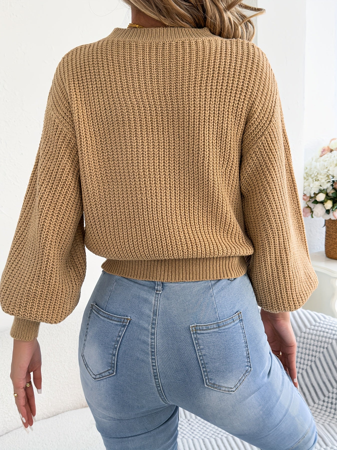 Women's Fall/Winter Crew Neck Diamond Knit Sweater with Lantern Sleeve