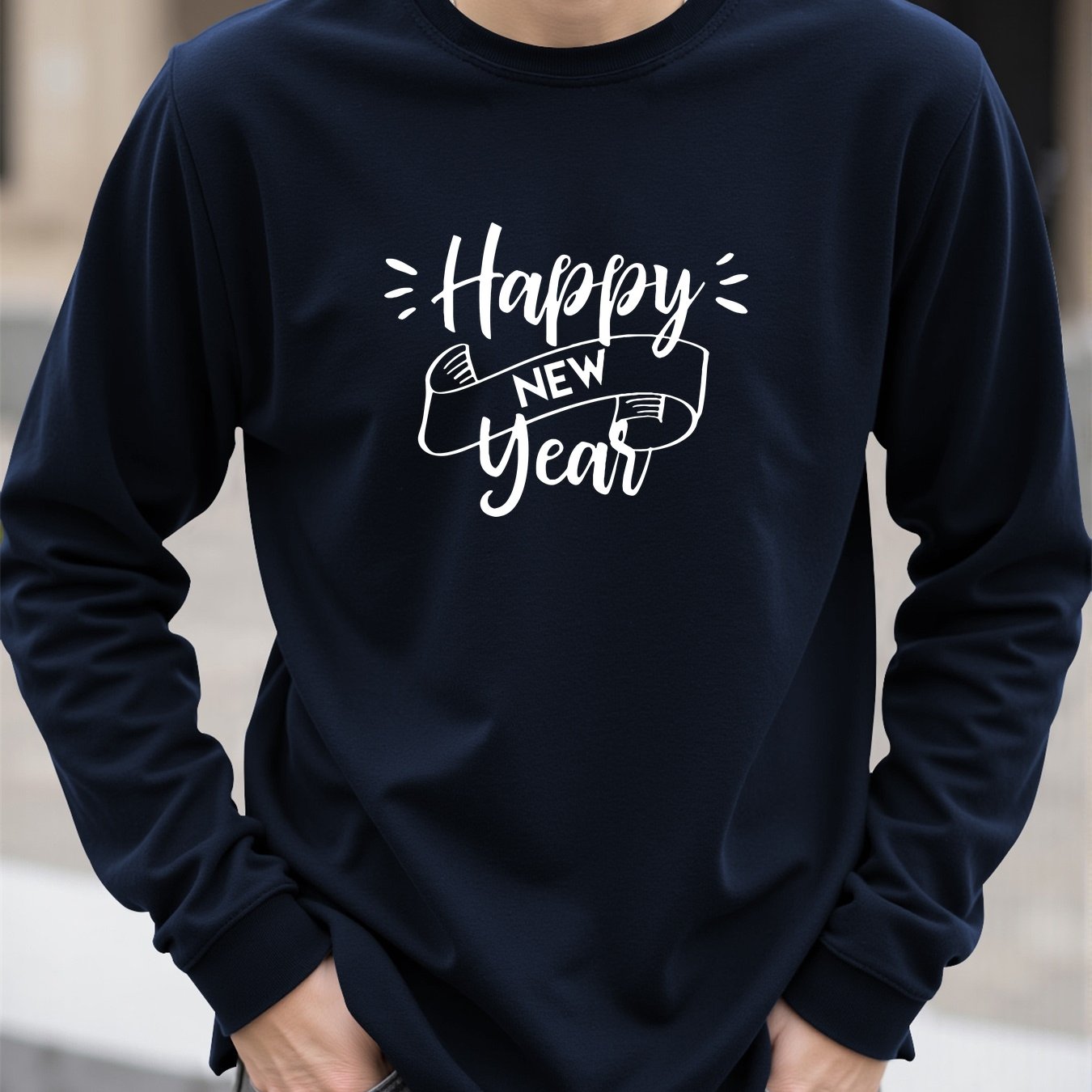 Men'S Happy New Year Graphic T-Shirt - Casual Long Sleeve Crew Neck, White with Black Lettering & Festive Design, Loose Fit for Spring/Fall, Perfect for Casual Attire, Festive Clothing | Festive Graphic Tee | Comfortable Fit