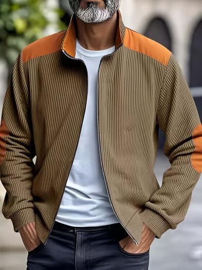 Men'S Long Sleeve Patchwork Fashion Warm Jacket, Corduroy Long Sleeve Warm Coat with Zipper Stand Collar Long Sleeve Casual Comfortable Autumn and Winter Style