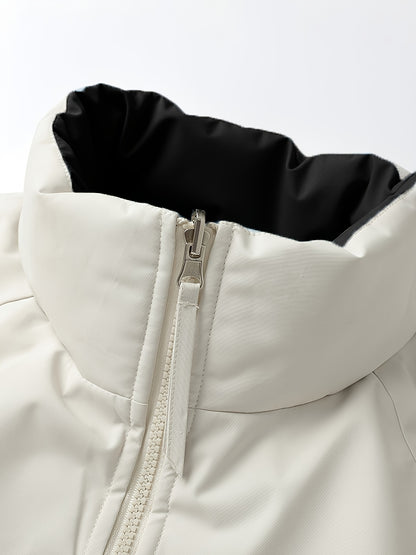 Men'S Double-Sided Winter Jacket - Thickened Stand Collar, Zip-Up Casual Long Sleeve Coat with "MADEASURABLE" & "I CONUT" Branding, Black & White, Regular Fit for Autumn & Winter, Autumn Outerwear, Bold Lettering, Durable Fab