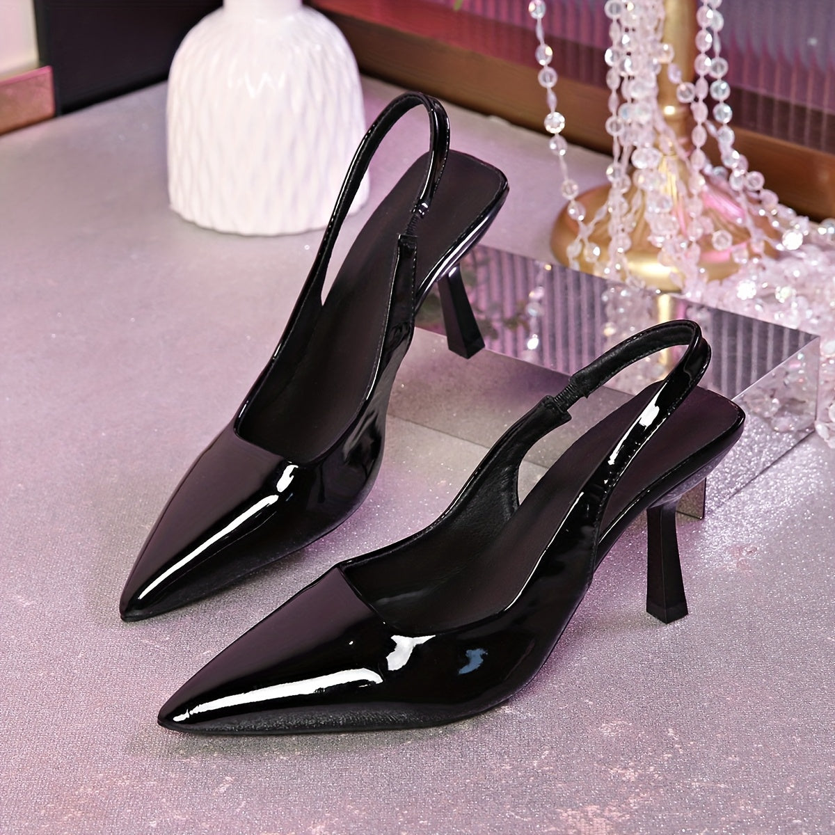 Women’s Pointed Toe High Heels with Glossy Accent and Open Back