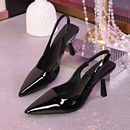 Women’s Pointed Toe High Heels with Glossy Accent and Open Back