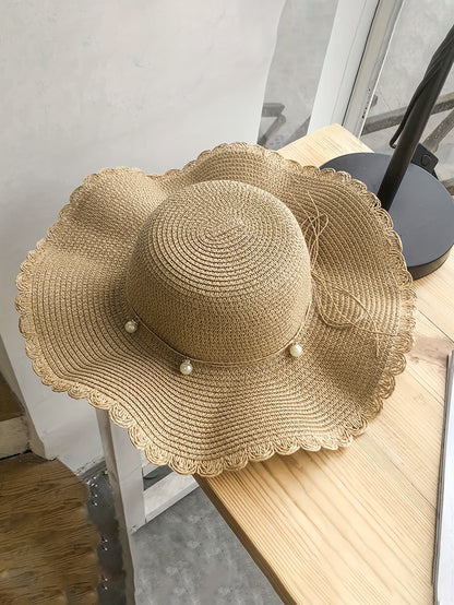 Women's Wide Brim Straw Sun Hat with Accents & Adjustable Ribbon - Protection Lace Trim Beach Wedding Casual Outdoor Hat for All Seasons