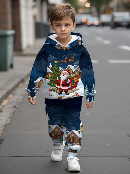 2pcs Boys' Christmas Set with Santa Claus & Winter Snowman Digital Print - Soft Hooded Sweater & Snow Pants Outfit, Cozy Long Sleeve Winter Clothes for to 12 Years, Machine Washable Festive Outfits for Xmas Parties & Casual A