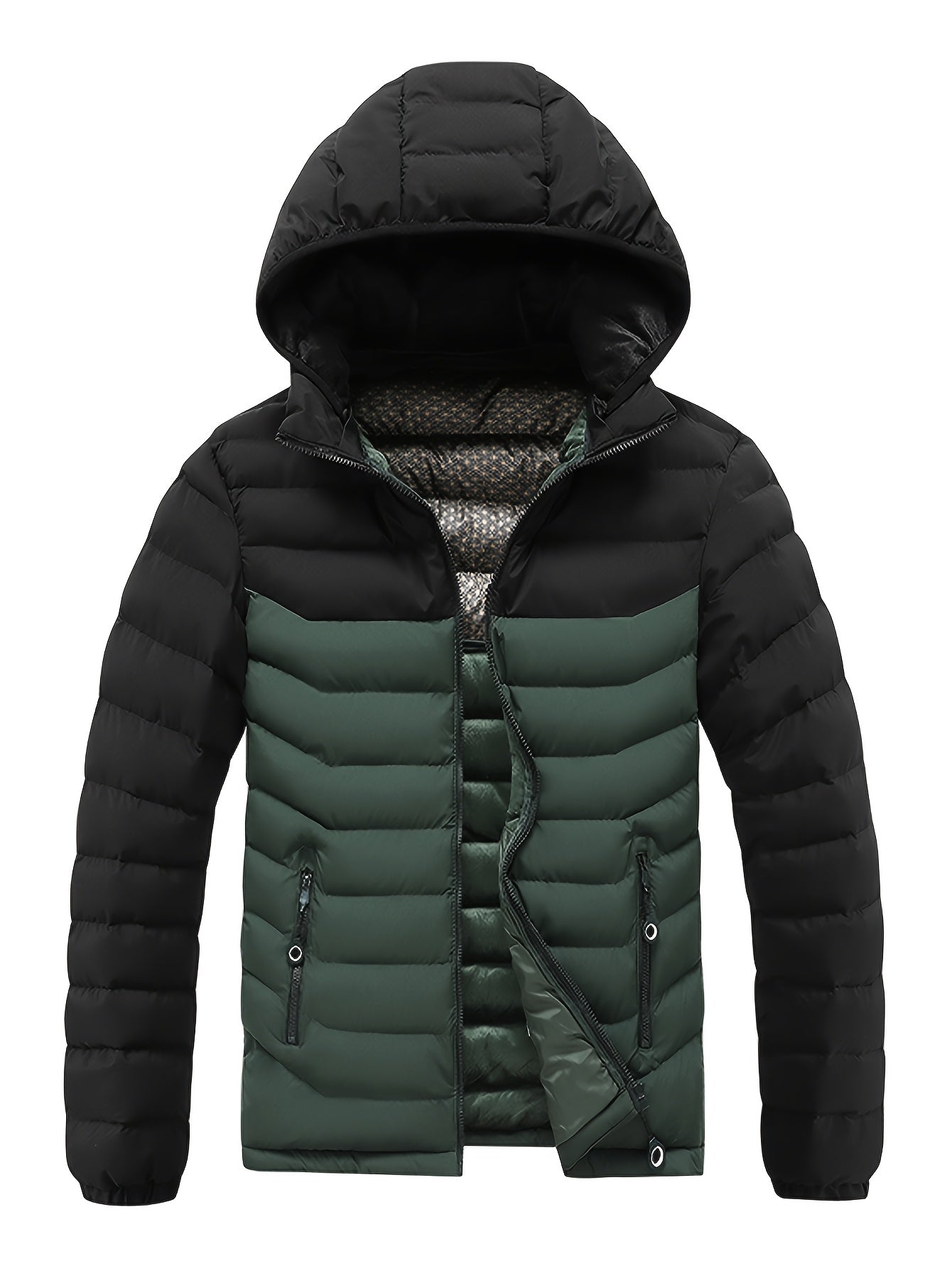 Men'S Winter Jacket with Detachable Hood - Black & Green Color Block, Zip-Up Casual Coat, Long Sleeve, Polyester Lining, Pockets, Regular Fit for Fall/Winter Outdoor Wear, Winter Coat, Fall Outerwear, Trendy Winter Jacket, Du