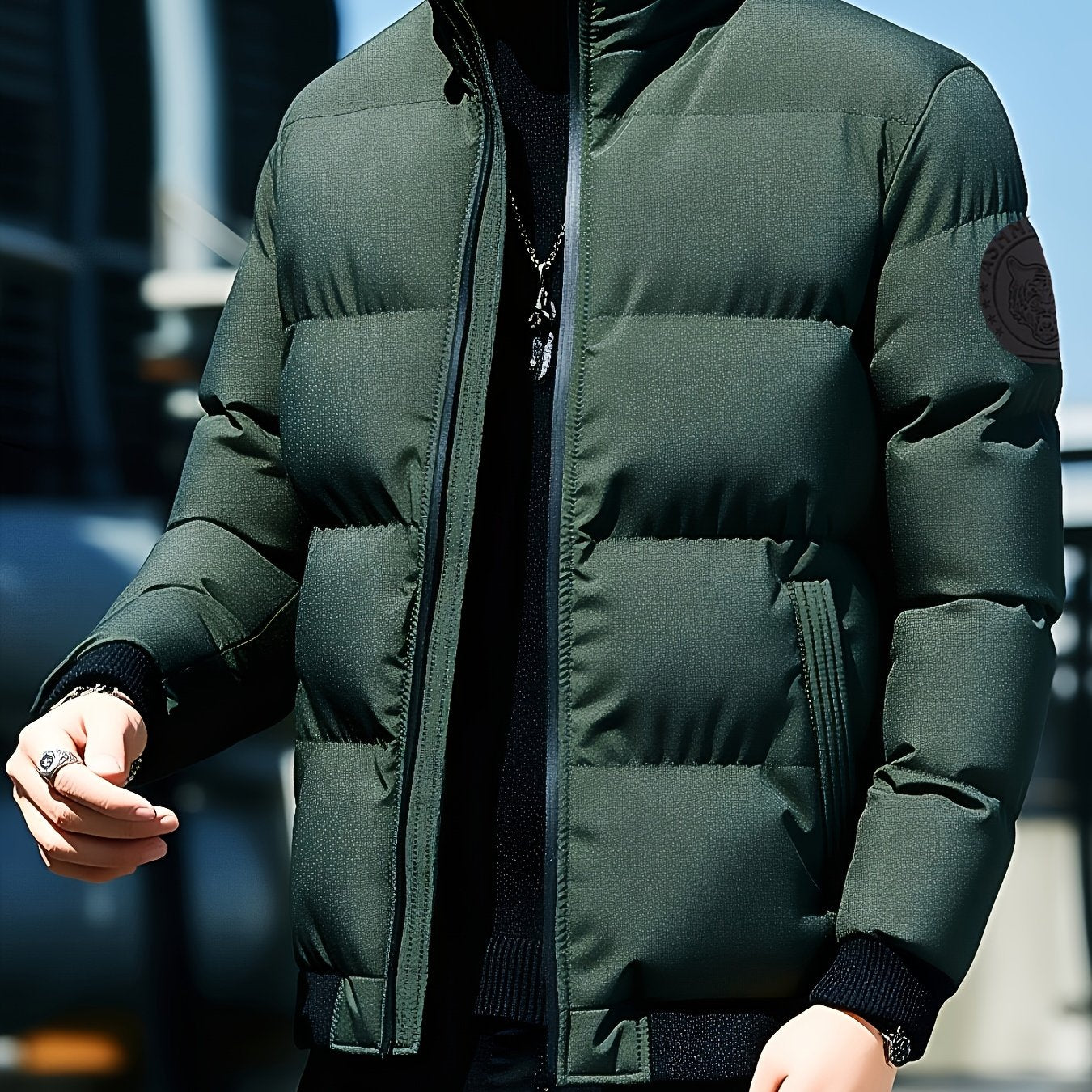 Men'S Stylish Tiger Head Jacket - Black, Red & White, Zip-Up, Stand Collar, Polyester, Casual Outdoor Wear, Casual Winter Wear | Stylish Jacket | Zippered Jacket