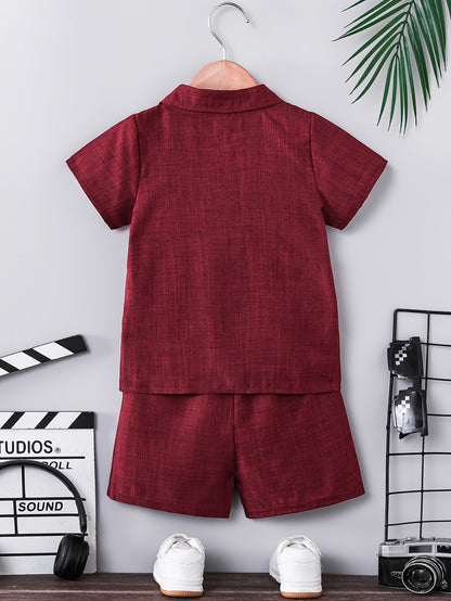 Boys' Summer Button-Up Shirt & Shorts Set - Casual Solid Color