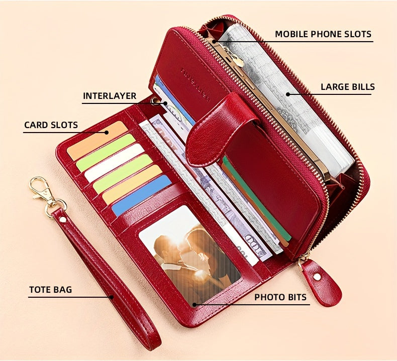 Two-Layer Cowhide Leather Clutch Wallet for Men & Women, Casual Large Capacity RFID Blocking Zippered Hand Purse with Transparent ID Slot and Anti-Theft Brush, Versatile for Going Out