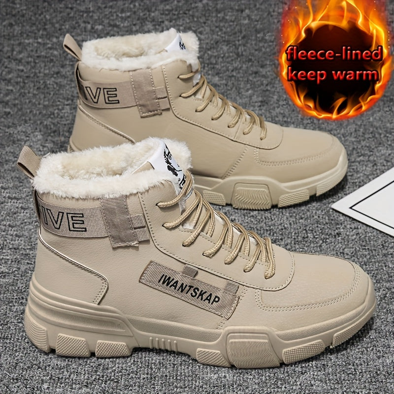 Men'S Winter Boots - Thermal Insulated Anti-Slip Snow Shoes with Cushioned Insole, Beige/Tan Cold Weather Boots for Ice, Snow, and Everyday - Lace-Up Ankle Support, Durable PVC Outsole - Ideal for Hiking, Urban Commute, and O