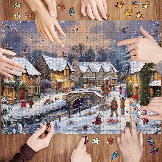 1000pcs Puzzle with Snowflake and House Design - Scratch-Resistant & Waterproof, Advanced Skill Level, Perfect for Adult Family Fun, Home Decor, and Brain-Challenging Gift Idea