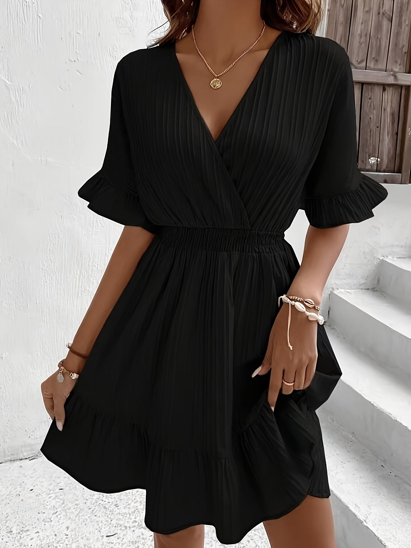 Elegant Lotus Leaf Sleeve Ribbed Peplum Dress for Women