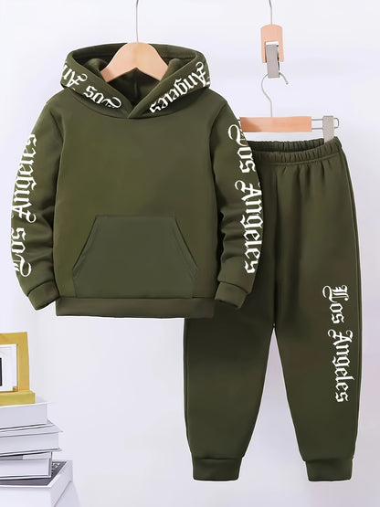 2pcs Boys' Casual Polyester Tracksuit Set, Los Angeles Alphabet Print, Medium Stretch Knit Fabric, Regular Fit, with Fleece-Lined Long Sleeve Hoodie and Joggers, for Daily & Outdoor Wear, Fall/Winter Warmth, for Outdoor