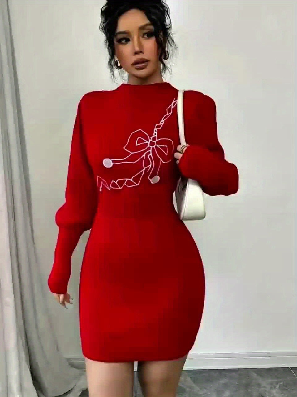 Women's Elegant Slim-Fit Sweater Dress with Bow Design, Fashionable and Versatile, Suitable for Autumn and Winter, Christmas Gift