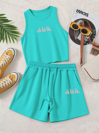 Women's Casual Two-Piece Set with English Print and Wide Leg Pants
