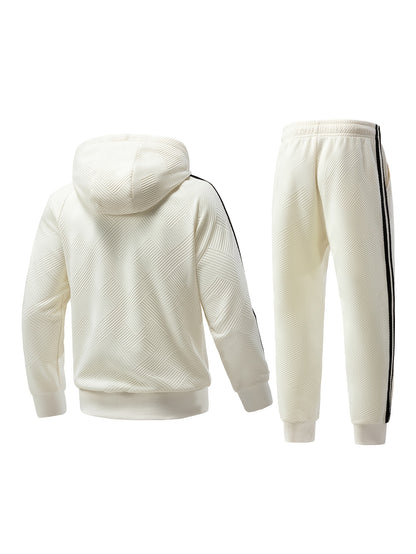 Men's Spring & Fall Jacquard Embroidered Striped Tracksuit Set - 2pcs Zip-Up Hoodie & Pants for Daily Wear, Sports & Outdoor Trips