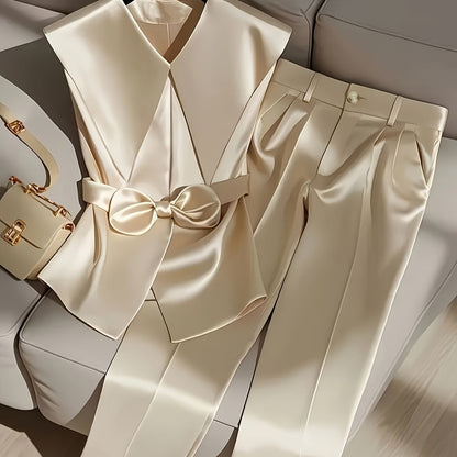 2pcs Elegant Polyester Pantsuit Set, Waterfall Collar, Solid Color Sleeveless Top and Pants, Polyester and Spandex Blend, with Bow Details, Spring and Summer Style - Nian Nian