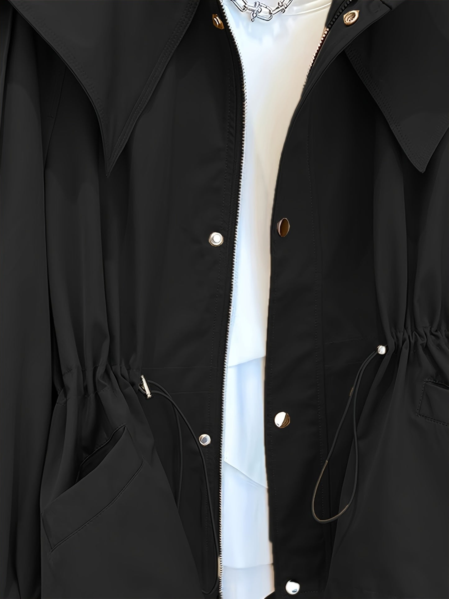 Women'S Casual Solid Color Polyester Overcoat with Drawstring Waist, Lapel Collar, and Chest Pockets - Spring and Fall Fashion, Comfortable, Non-Stretch Fabric, Casual Outerwear | Classic Long Sleeve | Nonstretch Materia