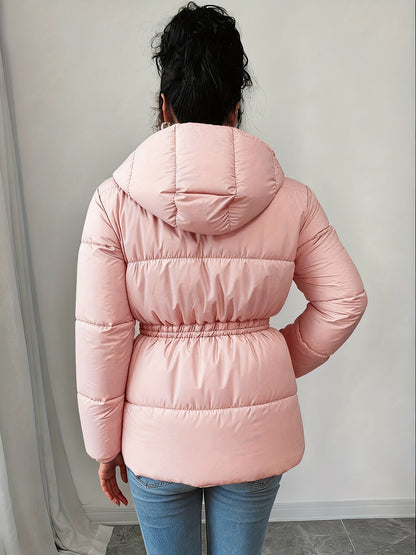 Women'S Elegant Black Puffer Jacket - Mid-Length Loose Fit with Adjustable Drawstring Waist, Long Sleeves, and Front Zipper, Casual Winter Outerwear for Cold Weather, Winter Jacket