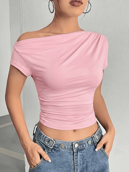 Elegant Off-Shoulder Asymmetrical Knit T-Shirt for Women
