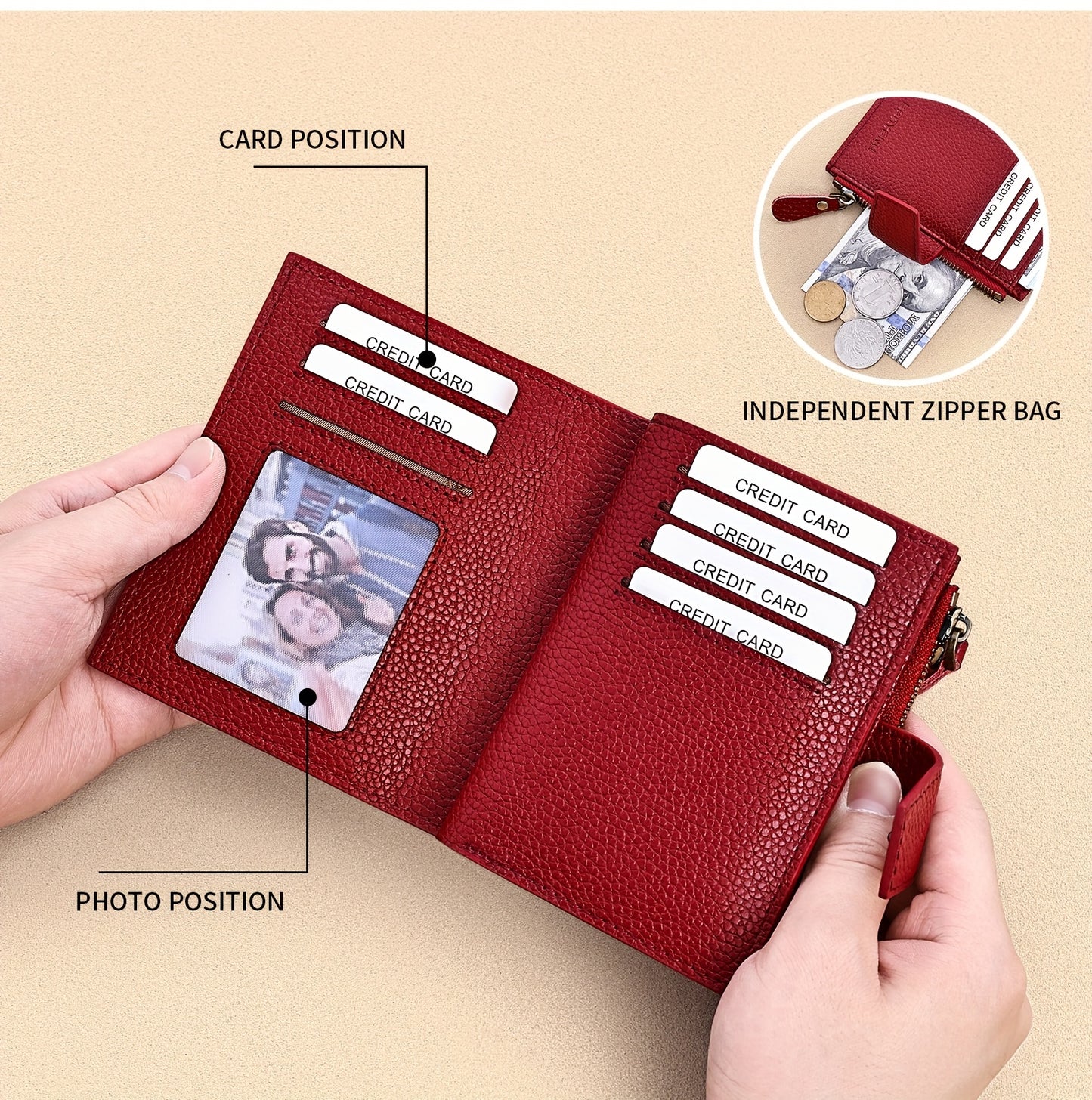 BANYANU Women'S Genuine Faux Leather Wallet - Red Lychee Grain Texture, Multi-Card Slots, Zippered Coin Pocket, Detachable ID Window, Compact Design for Everyday Use, Secure Coin Storage | Stylish Wallet | Synthetic