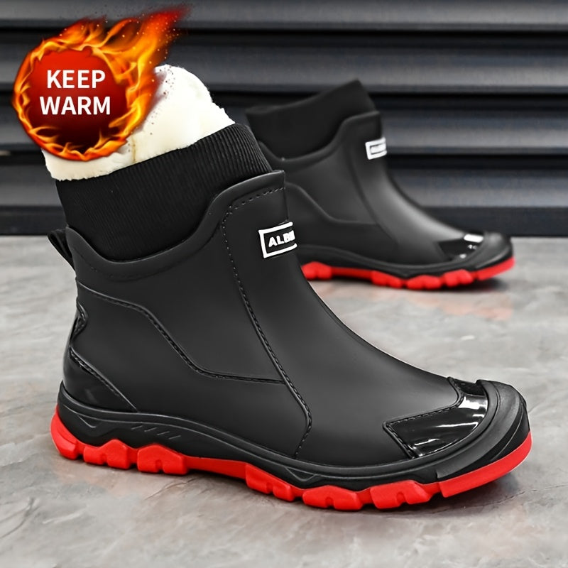 Men's Winter Plush-Lined Short Slip-On Rain Boots, Warm & Durable