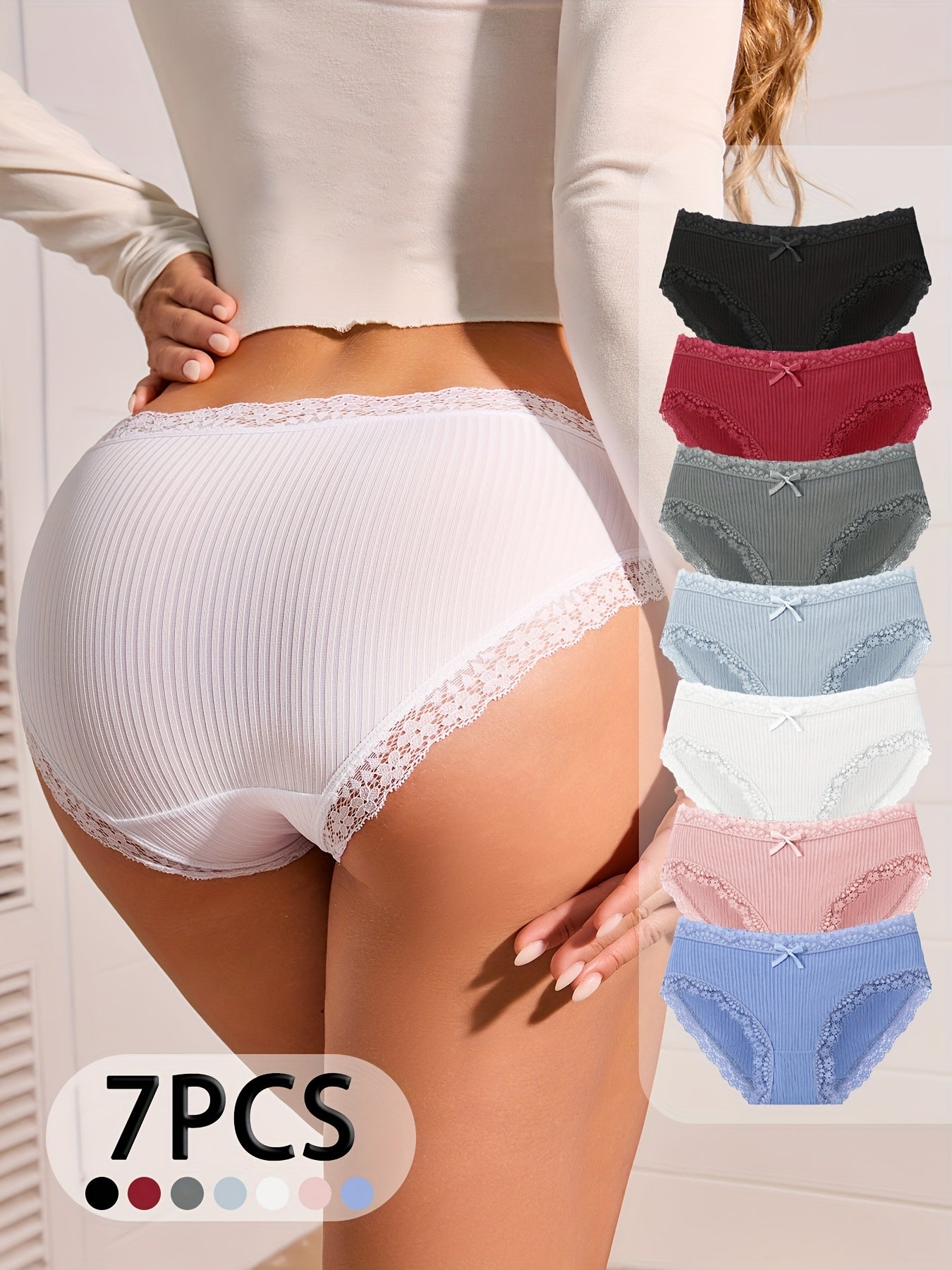 7pcs Women's High-Waisted Ribbed Briefs with Lace Trim - Soft & Breath