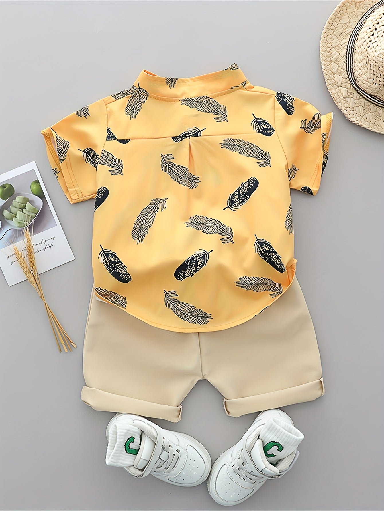 Infant Toddler Summer Feather Print Shirt and Shorts Set