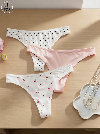 3pcs Women’s Cute Cherry Print Seamless Low Rise Thong Set