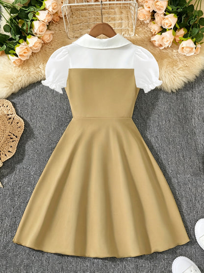 Girls' Casual Short-Sleeve Dress with Golden Chain Accent