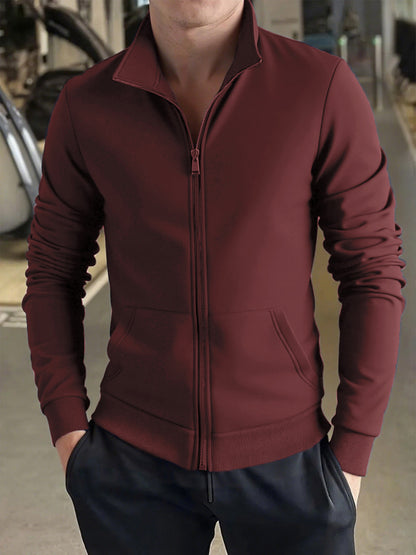 Men's Solid Color Green Full-Zip Stand Collar Jacket - Lightweight Workwear Coat with Zippered Pockets, Machine Washable, Regular Fit for Gym, Hiking, Casual & Outdoor Activities - Versatile All-Season Outerwear