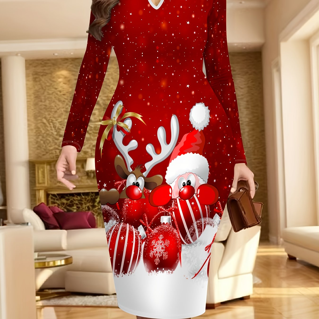 Women's Red & White Christmas Print Dress with Reindeer & Snowflake Patterns - Short Sleeve A-Line Party Dress, Round Neck Winter Holiday Outfit for Xmas, New Year's Eve, Prom (Machine Washable) - Elegant Festive Attire